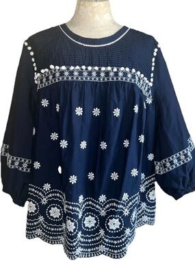 Crown & Ivy Navy Blue Eyelet Lace Scallop Hem Preppy Classic Peasant Top Size 1X